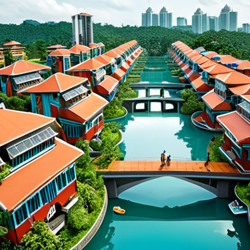 **

*   A vibrant, futuristic floating city in Malaysia, showcasing inclusive housing with diverse architectural styles, integrated with lush greenery and community spaces. Focus on the harmonious blend of modern technology and traditional Malaysian elements, reflecting a strong sense of community.

**