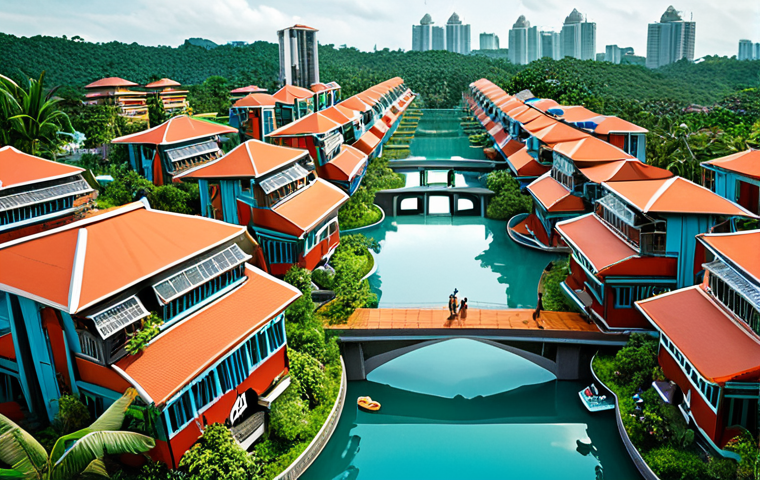 **

*   A vibrant, futuristic floating city in Malaysia, showcasing inclusive housing with diverse architectural styles, integrated with lush greenery and community spaces. Focus on the harmonious blend of modern technology and traditional Malaysian elements, reflecting a strong sense of community.

**