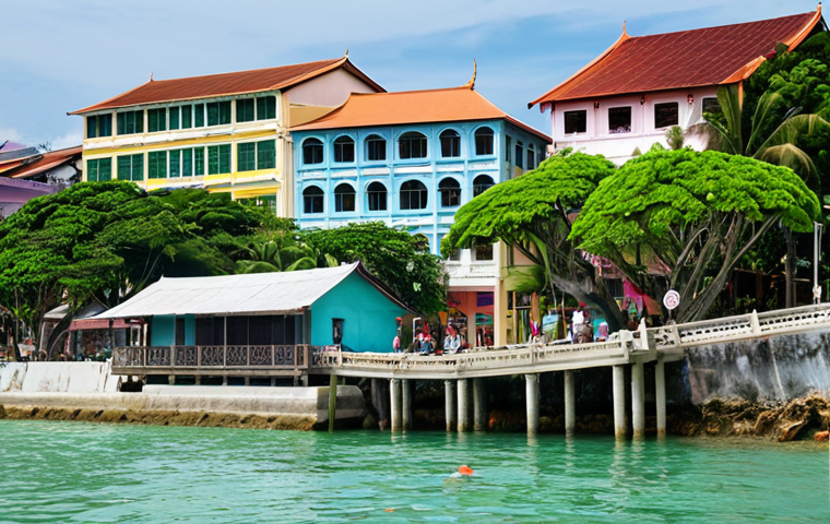 **
A vibrant coastal scene in Penang, Malaysia. Focus on a blend of modern and traditional elements: colourful heritage buildings alongside green infrastructure (coastal parks, possibly a glimpse of artificial reefs). Show tourists and locals enjoying the area. Incorporate subtle elements hinting at sustainable practices, like solar panels on rooftops or electric vehicles. The overall feel should be lively and prosperous, highlighting the success of balancing tourism with environmental preservation.
**